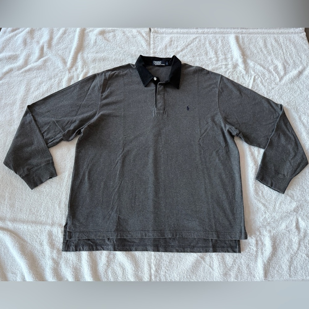 Vintage Mens Rugby Polo Ralph Lauren Shirt L/S, Dark Gray, Black Collar, Sz XL